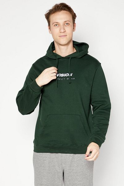 Vision Street Wear Men Hooded Long Sleeve Embroidered Logo Sweatshirt, Dark Green