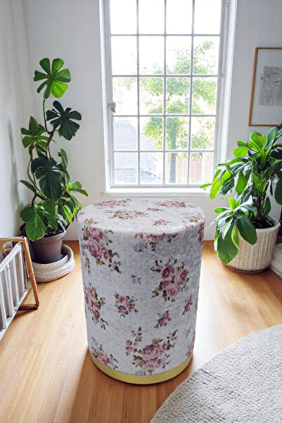 Arte Cotone Çiçek Desenli Kadife Kumaş Dekoratif Silindir Koltuk Puf Bench