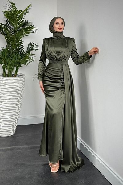 MERVEN AKYÜZ Mirabel Gathered Satin Khaki