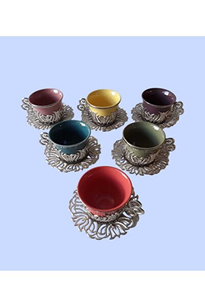 kapadokyahediyelik Türk Kahvesi Sunum Seti Altı Kişilik  Renkli Fincan