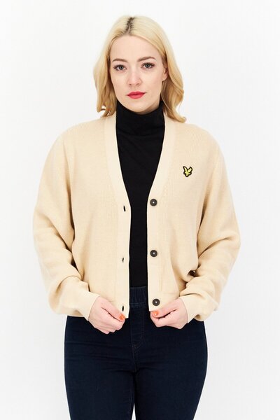 Lyle & Scott Women V-Neck Long Sleeve Embroidered Logo Crop Cardigans,Beige