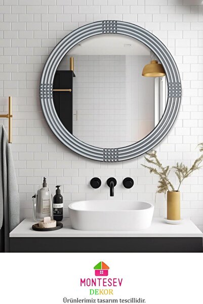 MONTESEV Safir Gümüş Dekoratif Ayna Yuvarlak Ayna Işlemeli Ahşap Duvar Aynası Ikili / 56 - 43 Cm