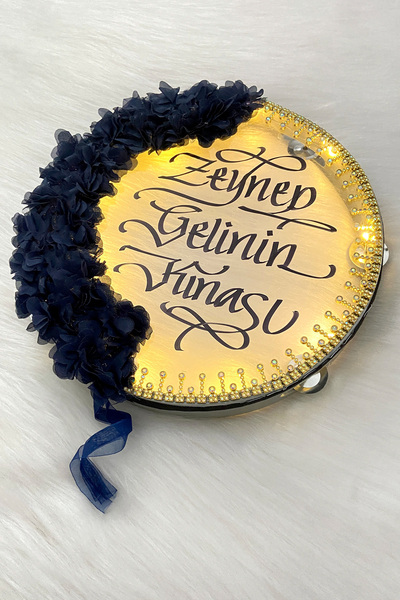 ZEYMERADE Lacivert Ledli Şeffaf Gelin Tefi 32cm 3d Çiçek Parlak Taşlı Düğün K...