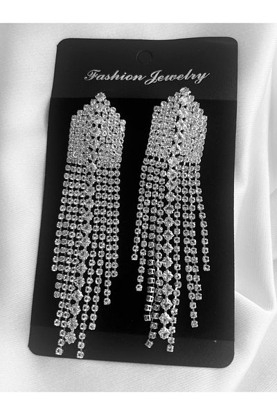 COCOSH TAKI Silver Color Zircon Stone Tassel Model Long Evening Dress Earrings