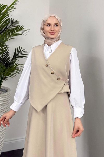 MERVEN AKYÜZ Albrey Buttoned Pocket Skirt Suit Stone