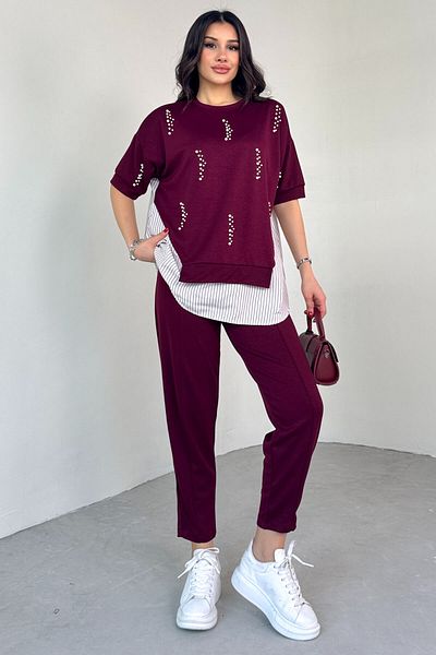 Cappmoda TKM-13258 Cămașă cu perle bordeaux Bluză cu detalii Pantaloni largi Set din două piese