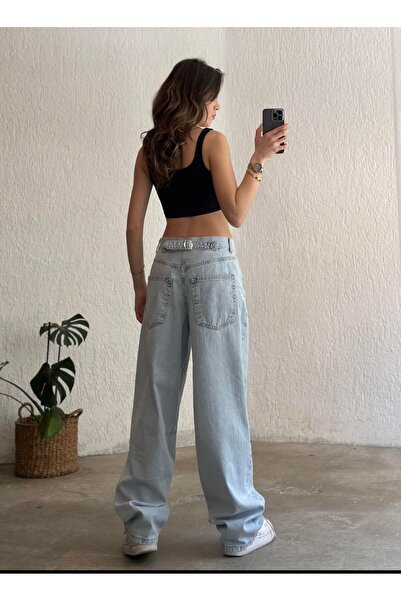 Shield Life Karyıkama Baggy Talie înaltă cu cataramă în talie Streetwear Straight Blue Light Baggy Pantaloni de denim pentru femei