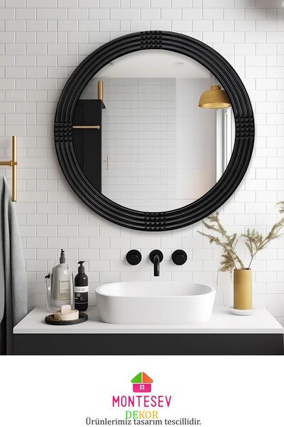 MONTESEV Safir Ahşap Siyah Dekoratif Ayna Yuvarlak Ayna Işlemeli Duvar Aynası Tekli - 43 Cm