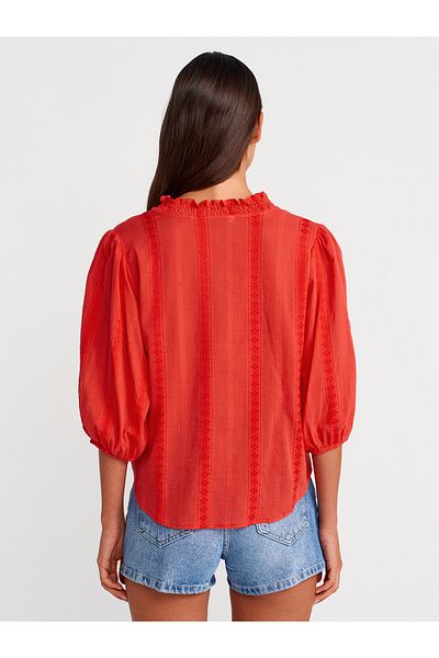 Dilvin 5807 Ribbed Detailed Balloon Sleeve Shirt-A.Red