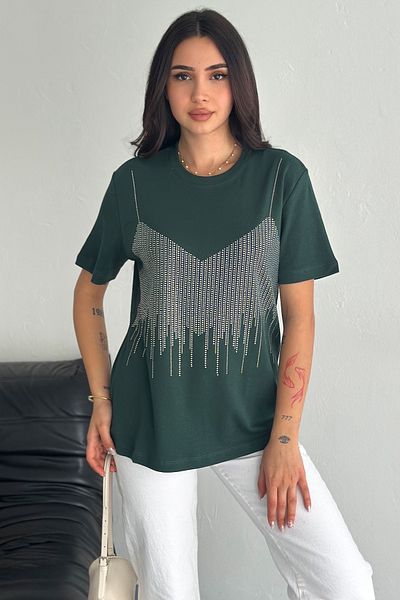 FEMELLE Tricou de damă din bumbac kaki cu detaliu de lipire cu piatră