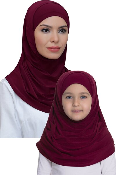 HÜRREM BONE وشاح حجاب عملي للأم والابنة باللون العنابي، ساندي ذاتي الصنع 1290...