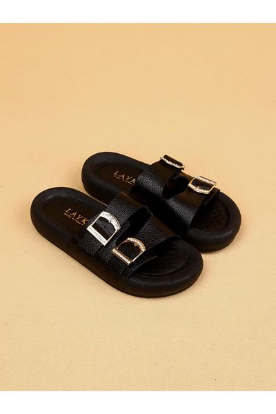 layki Lera Black Colored Genuine Leather Buckle Thick Sole Luxury Slippers