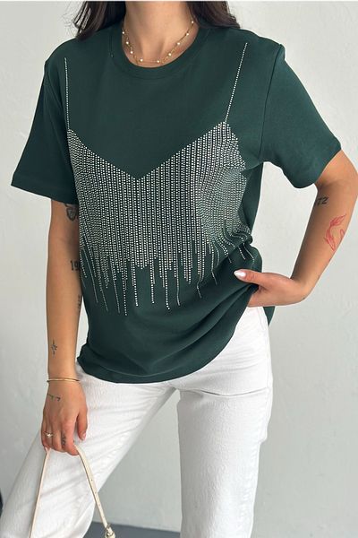 FEMELLE Tricou de damă din bumbac kaki cu detaliu de lipire cu piatră