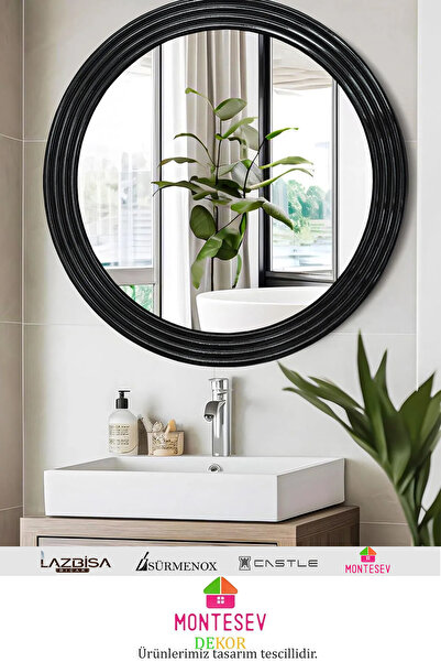 MONTESEV Zümrüt Siyah Dekoratif Ayna Yuvarlak Ayna Işlemeli Ahşap Duvar Aynas...