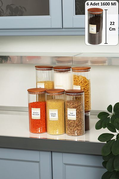 color house 6 Pieces of Borosilicate Glass Pulses Jar Large Size (1600 ml) and 84 Pieces of Labels