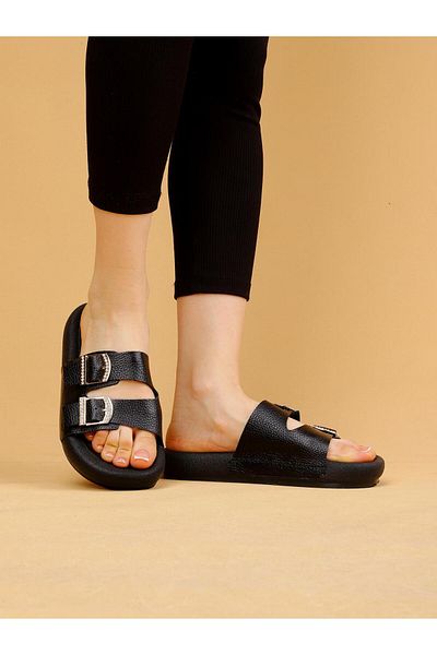 layki Lera Black Colored Genuine Leather Buckle Thick Sole Luxury Slippers