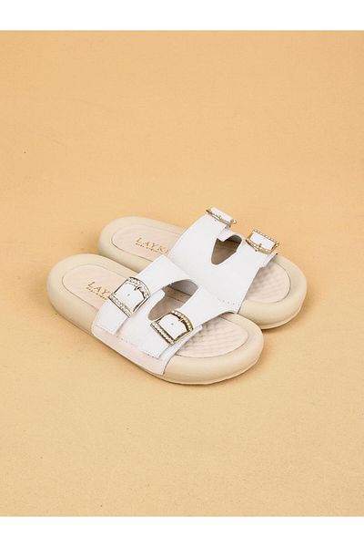 layki Lera White Colored Genuine Leather Buckle Thick Sole Luxury Slippers