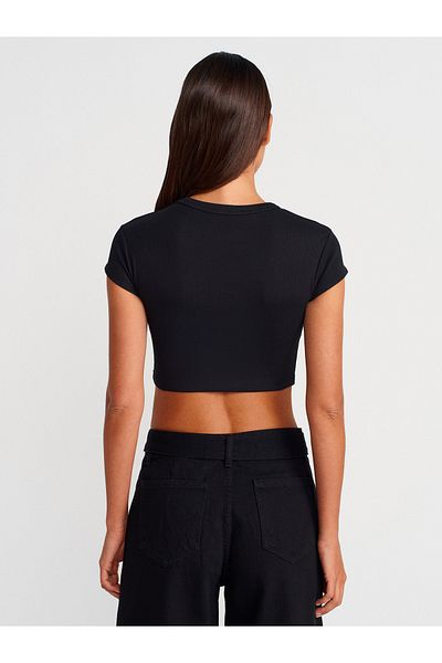 Dilvin 31810 Crew Neck Crop T-Shirt-Black