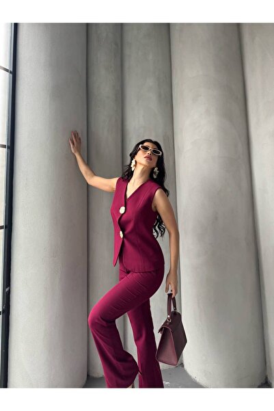 Bella Breeze Women's Gold Cookie Button Vest Pants Suit