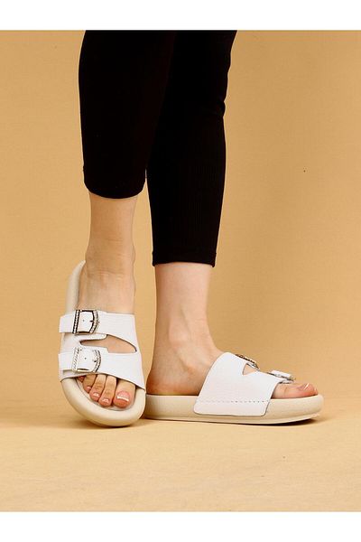 layki Lera White Colored Genuine Leather Buckle Thick Sole Luxury Slippers