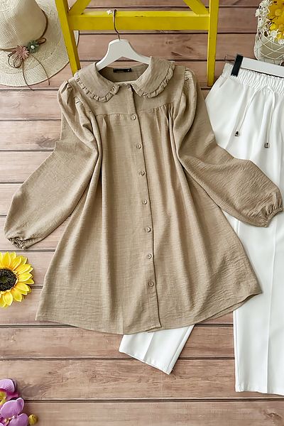 MODAQU Baby Collar Pleated Shirt Beige