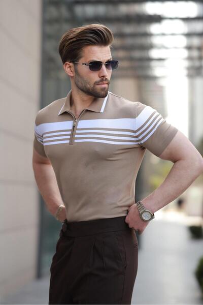 Madmext Ανδρικό πλεκτό μπλουζάκι με φερμουάρ Mink Polo Neck E7407