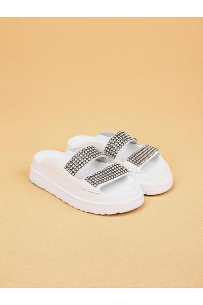 layki Leya White Colored Genuine Leather Thick Sole Luxury Slippers