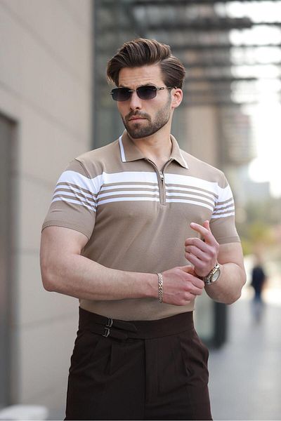 Madmext Ανδρικό πλεκτό μπλουζάκι με φερμουάρ Mink Polo Neck E7407