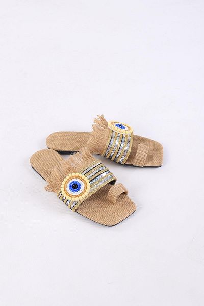 layki Clesse Beige Straw Stone Slippers