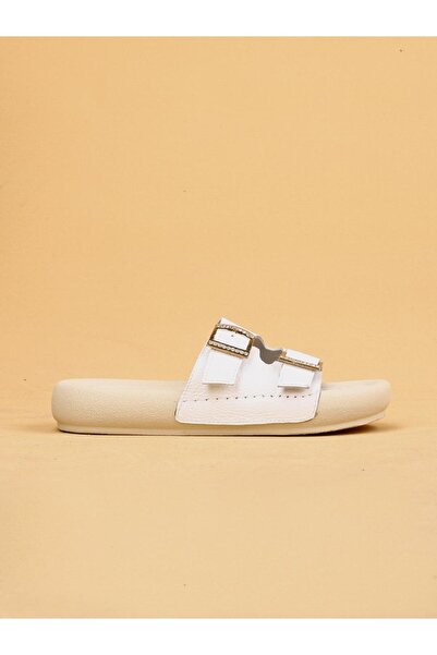 layki Lera Білі шкіряні тапочки з товстою підошвою та пряжкою