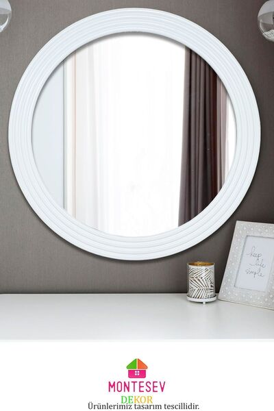 MONTESEV Zümrüt Beyaz Dekoratif Ayna Yuvarlak Ayna Işlemeli Ahşap Duvar Aynası Tekli - 43 Cm