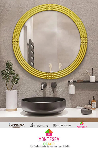 MONTESEV Safir Ahşap Gold Dekoratif Ayna Yuvarlak Ayna Işlemeli Duvar Aynası Tekli - 56 Cm