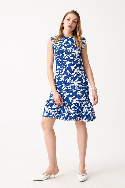 Know Rochie mini Crinkle fără mâneci cu imprimeu albastru-alb pentru femei