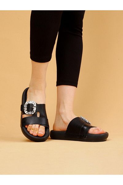 layki Vera Black Colored Genuine Leather Buckle Thick Sole Luxury Slippers