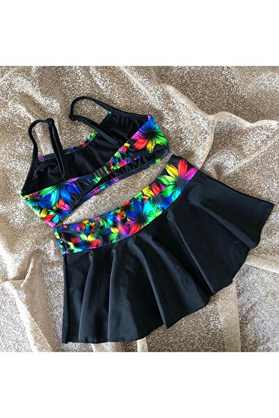 Genel Markalar Kız Çocuk Garson Esnek Ayarlanabilir Askı Siyah Renkli Desenli Etekli Bikini Takım