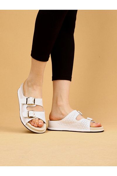 layki Sierra White Colored Genuine Leather Buckle Thick Sole Luxury Slippers