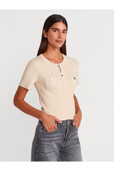 Dilvin 10733 Crew Neck Pocket Buttoned Knitwear Blouse-Stone