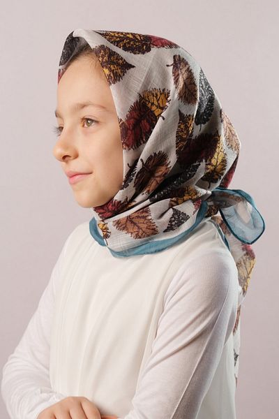 Giverny Petrol Blue Digital Printed Παιδικό Μαντίλι Hijab Βαμβακερό Πολυεστέρα Μοτίβο φύλλων 6003_17