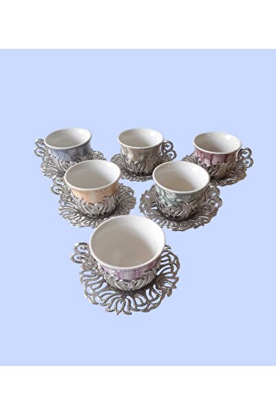 kapadokyahediyelik طقم تقديم القهوة التركية نمط رخامي ملون لستة أشخاص