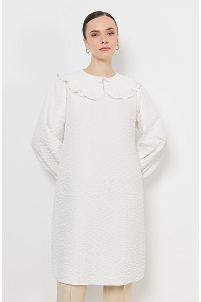 Fatma Atasoy Ruffle Collar Seersucker Ecru Tunic