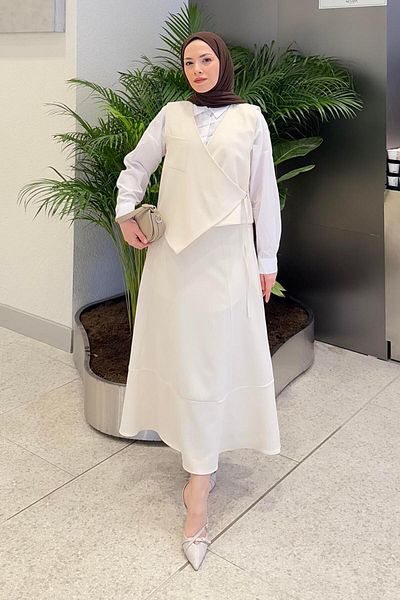 lamelif Λεπτομερές Σετ Hijab - Κρέμα Δεσίματος
