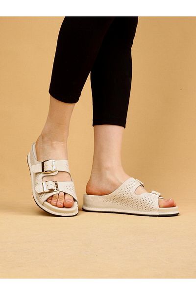 layki Sierra Beige Colored Genuine Leather Buckle Thick Sole Luxury Slippers