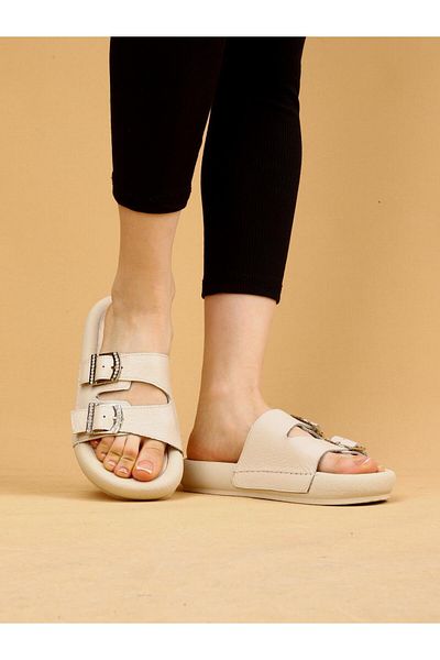layki Lera Beige Colored Genuine Leather Buckle Thick Sole Luxury Slippers
