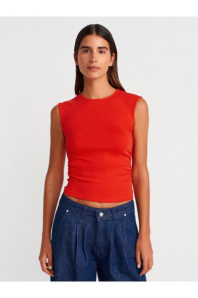 Dilvin 21054 Shirred Basic T-Shirt-Red