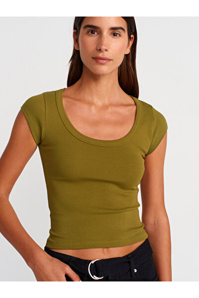 Dilvin 31808 Μπλουζάκι με στρογγυλή λαιμόκοψη-Πράσινο λίπος
