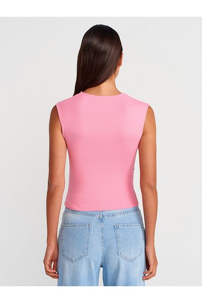 Dilvin 21054 Shirred Basic T-Shirt-Pink