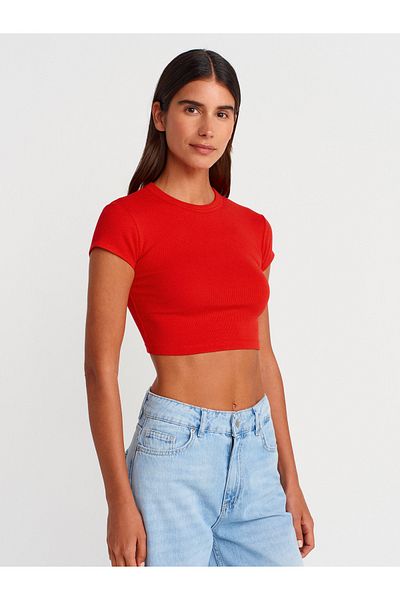Dilvin 31810 Crew Neck Crop T-Shirt-Red