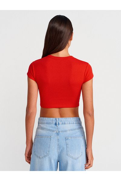 Dilvin 31810 Crew Neck Crop T-Shirt-Red