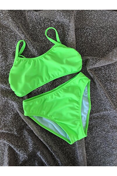 Genel Markalar Kız Çocuk Garson Esnek Ayarlanabilir Askı Neon Fosforlu Yeşil Etekli Bikini Takım
