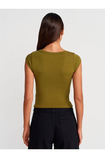 Dilvin 31808 Round Neck Ribbed T-Shirt-Oil Green